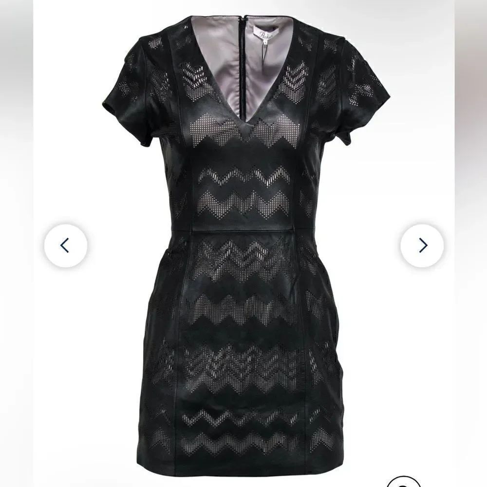 Parker - Black Perforated Leather Sheath Dress w/ Laser Cutouts Sz small